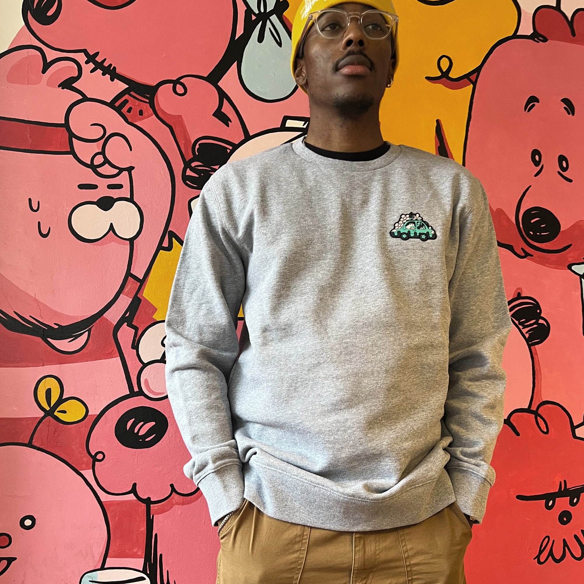 Garden Car patch crewneck fleece sweater grey